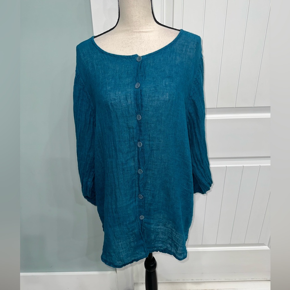 FLAX Deep Teal Blue Linen button front tunic top size medium